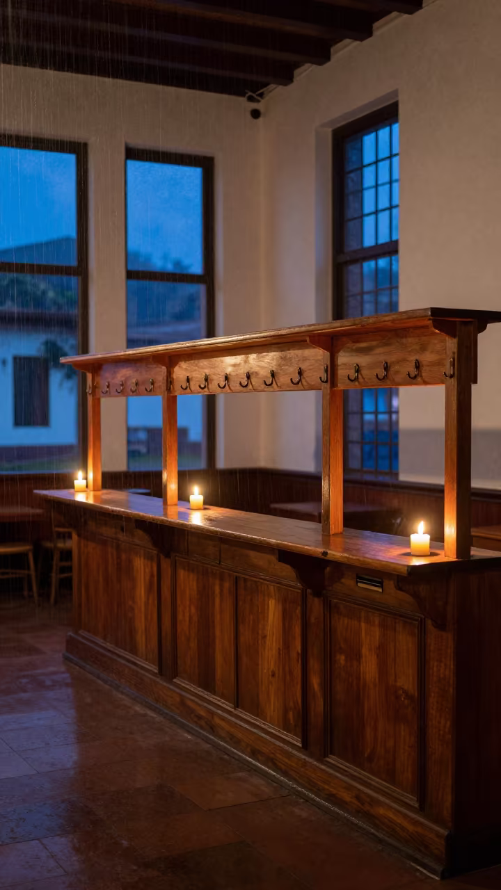 Tepito Banquet Hall Coatrack Counter Blue Evening in inside a banquet hall before service in Tepito, Mexico City