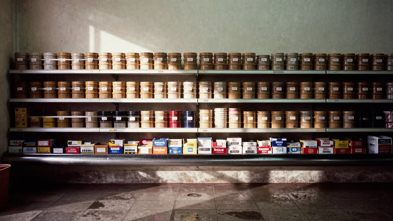 Tepito Stockroom Shelf Morning Light in inside a bright retail aisle in Tepito, Mexico City