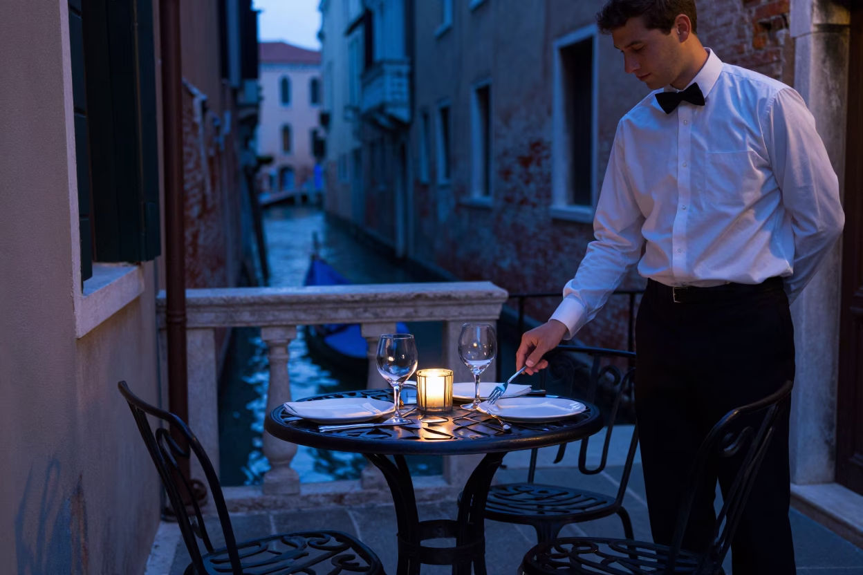 Terrace Dining at The Last Blue Light Of Evening in Venice in in Venice, Italy