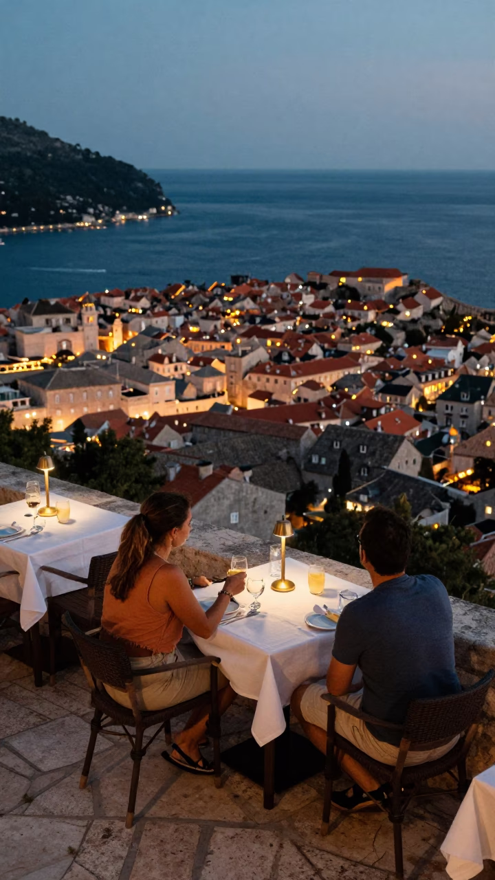 Terrace Dining in Dubrovnik at As City Lights Begin To Glow in in Dubrovnik, Croatia