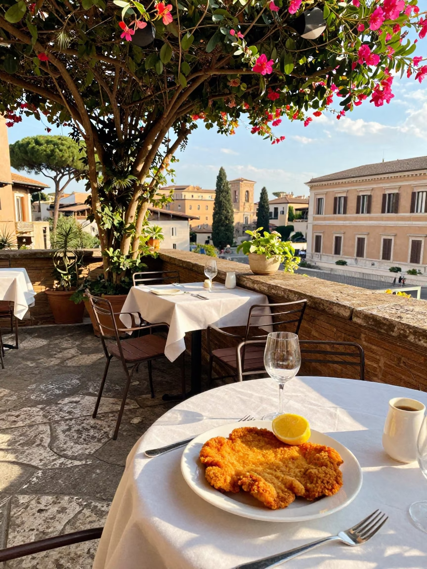 Terrace Dining in Rome at The Early Afternoon Light in in Rome, Italy