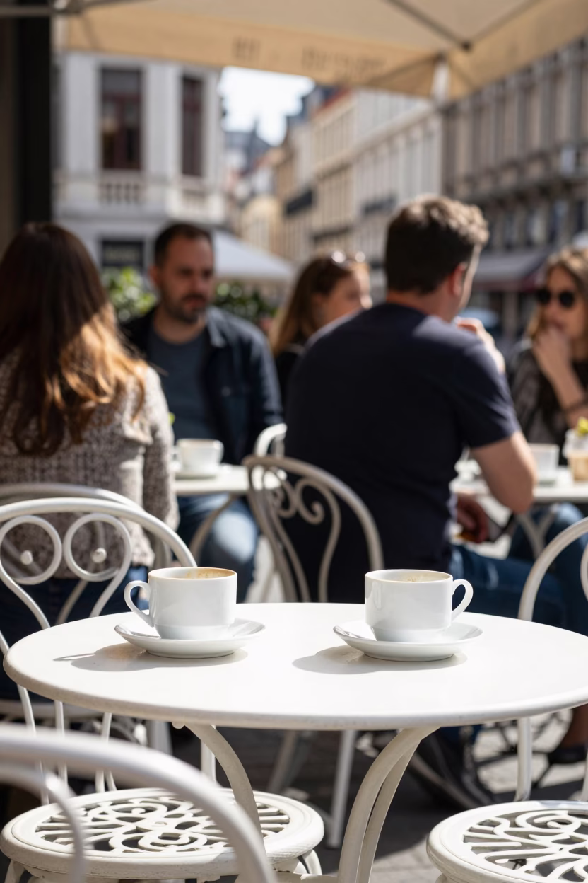 Terrace Scene in Brussels at Bright Midmorning Light in in Brussels, Belgium