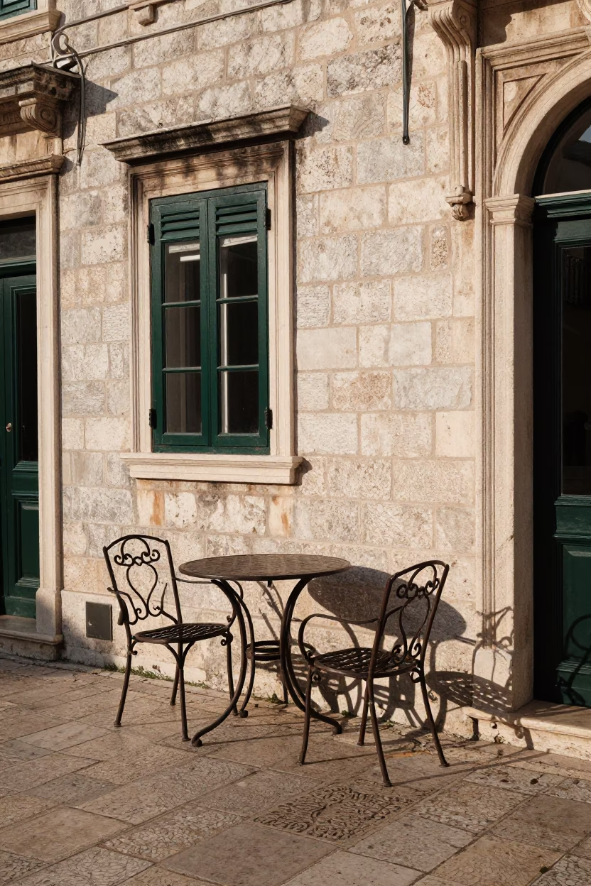 Terrace Table at As First Light Reaches The Scene in Dubrovnik in in Dubrovnik, Croatia
