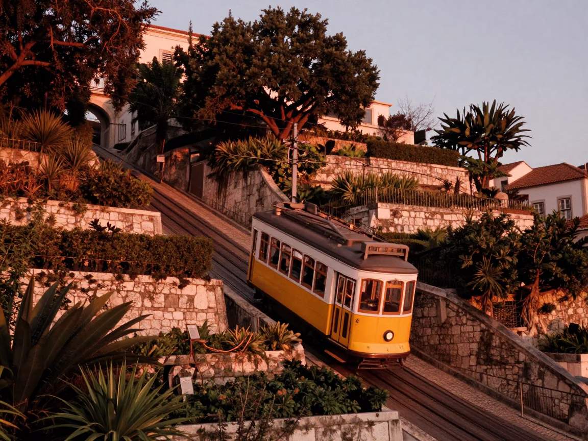 Terraced Gardens at Copper-toned Light Before Dusk in Lisbon in in Lisbon, Portugal