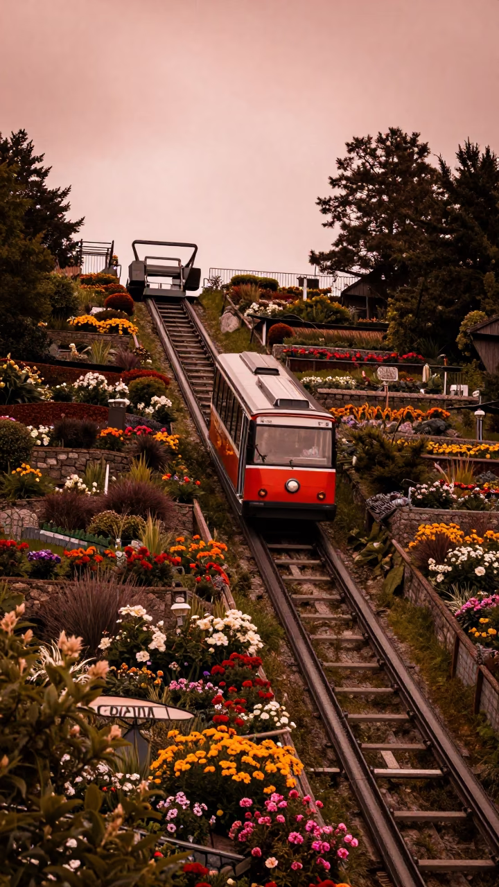 Terraced Gardens in Bergen at Copper-toned Light Before Dusk in in Bergen, Norway