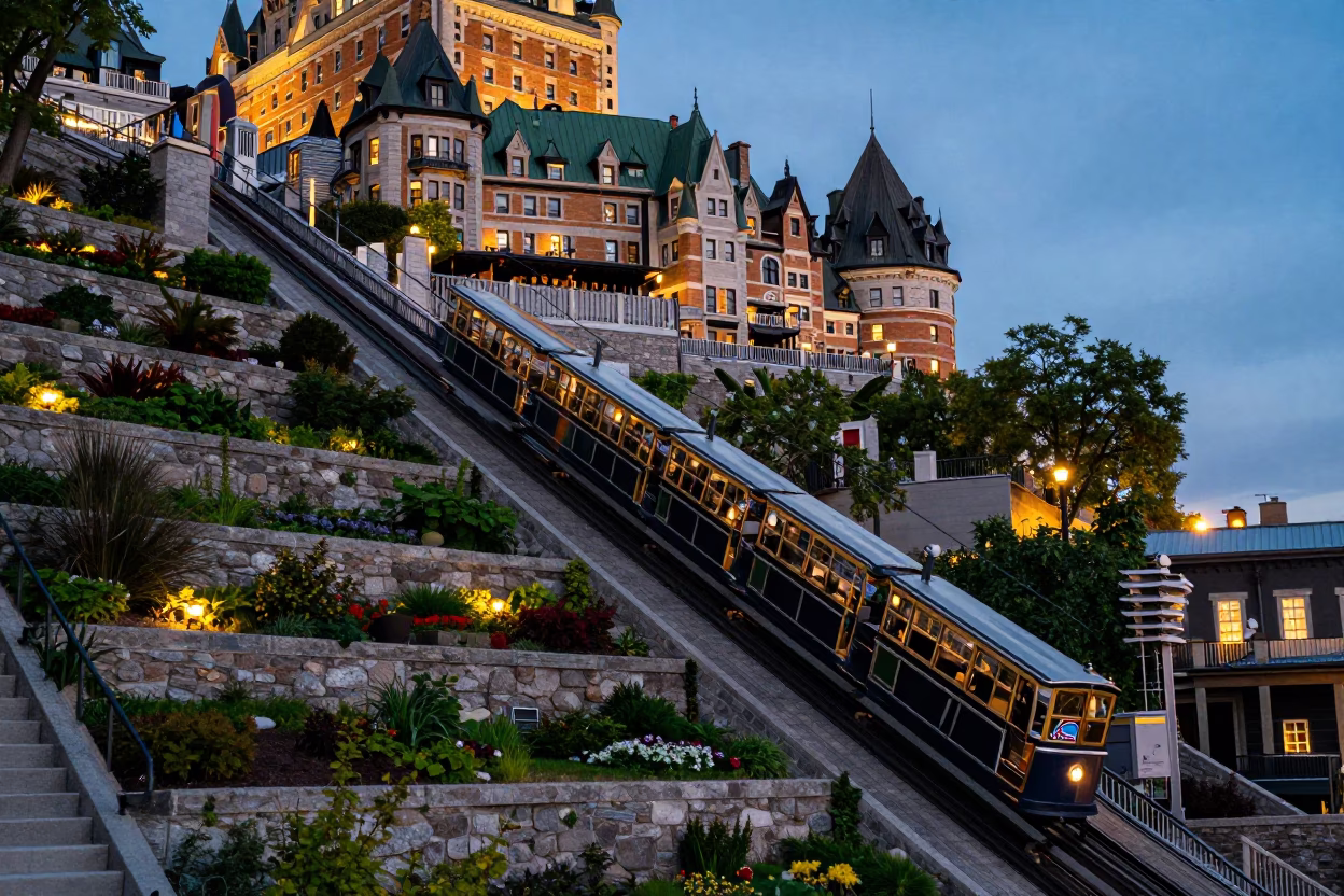 Terraced Gardens in Quebec City at As City Lights Begin To Glow in in Quebec City, Quebec, Canada