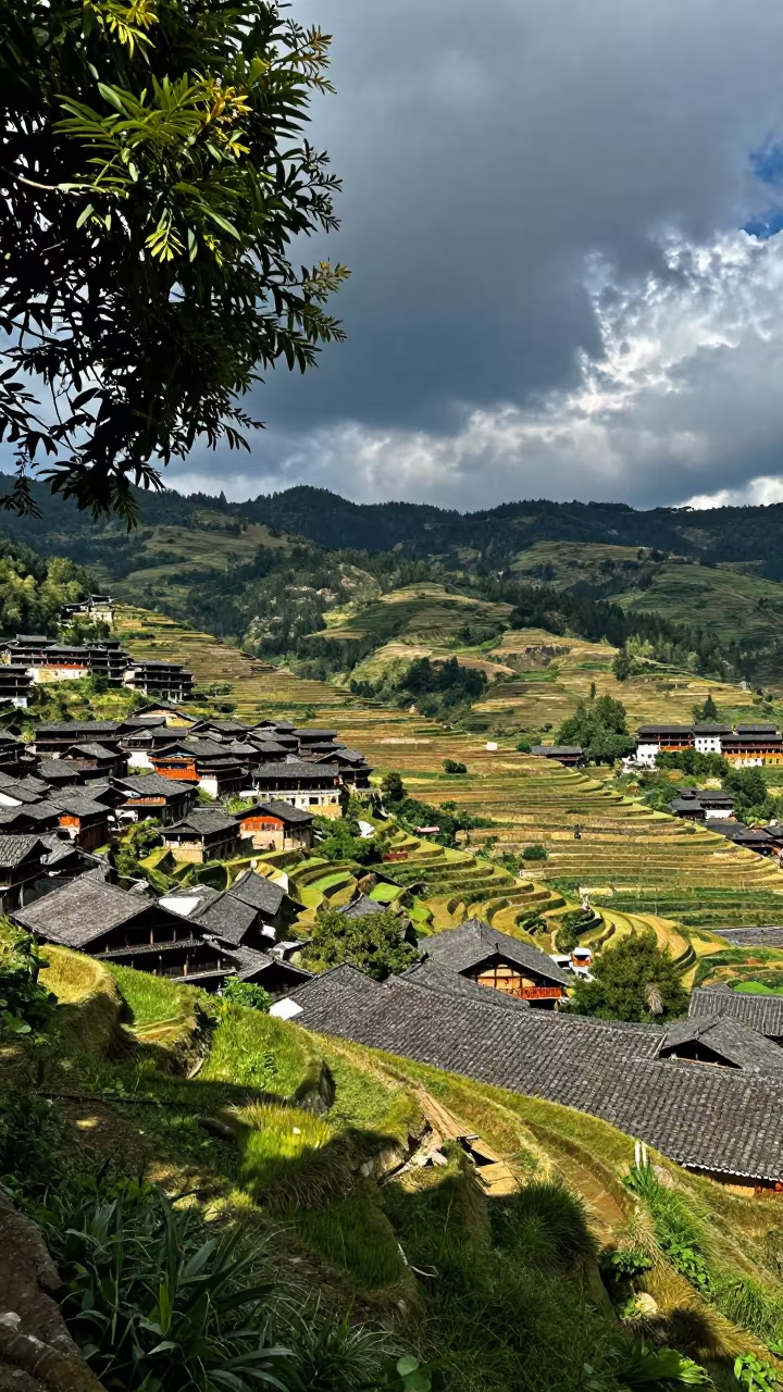 Terraced Hillside Village Near Guiyang in from a ridge above layered foothills near Guiyang