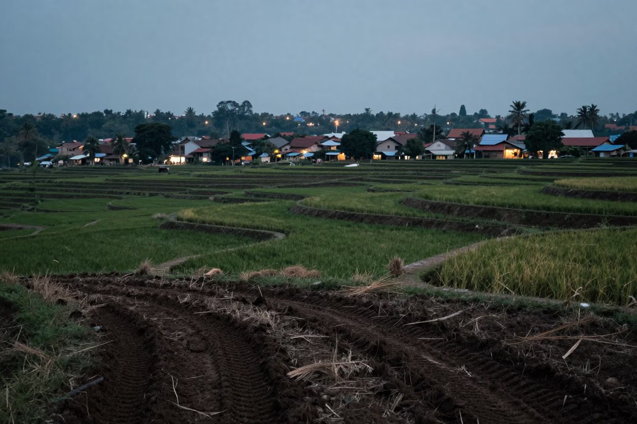 Terraced Rice Paddy Village at Dusk in beside a tractor track through dark soil in Manila