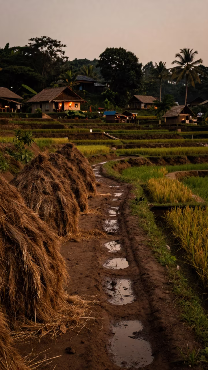 Terraced Rice Paddy Village Mombasa Evening Light in beside stacked hay bales in Mombasa