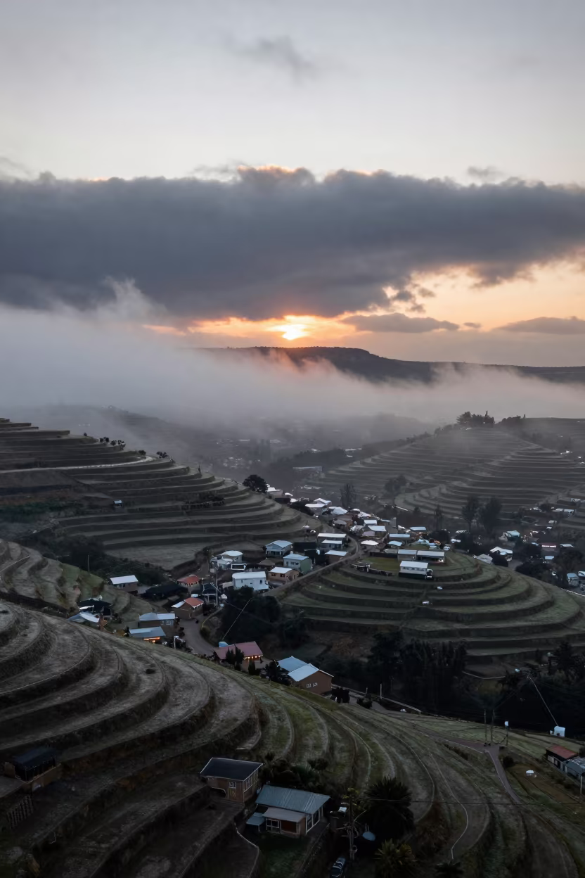 Terraced Villages in Green Fog and Frost in over a horizon of stacked thunderheads near Port Elizabeth