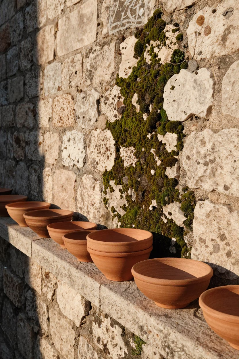 Terracotta bowls and mossy stone wall in Dubrovnik late afternoon light in in Dubrovnik, Croatia