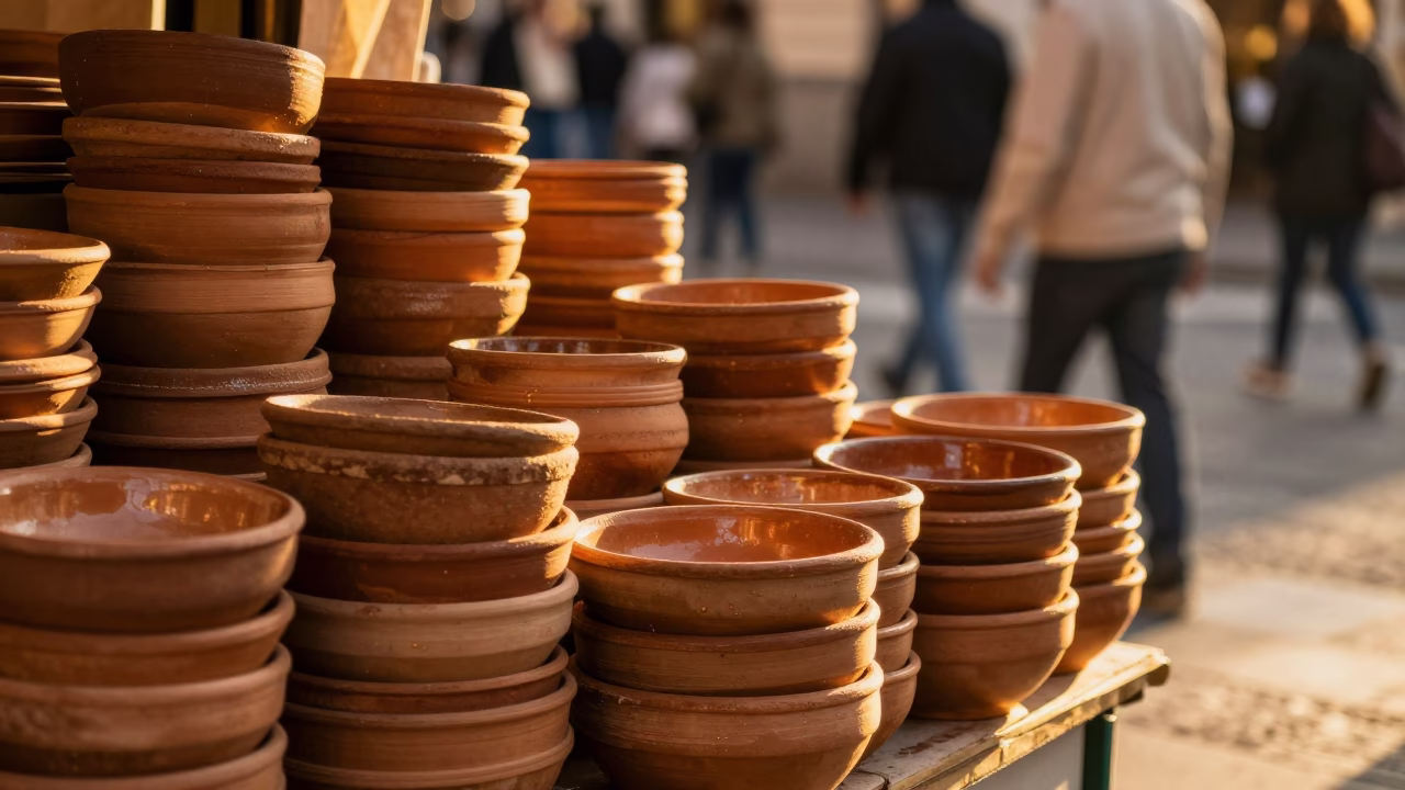 Terracotta Bowls at Honeyed Evening Light in Madrid in in Madrid, Spain