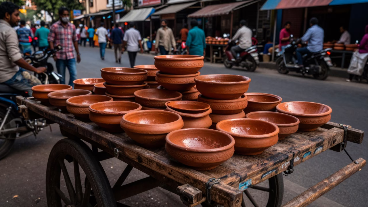Terracotta Bowls in Kolkata at Copper-toned Light Before Dusk in in Kolkata, India