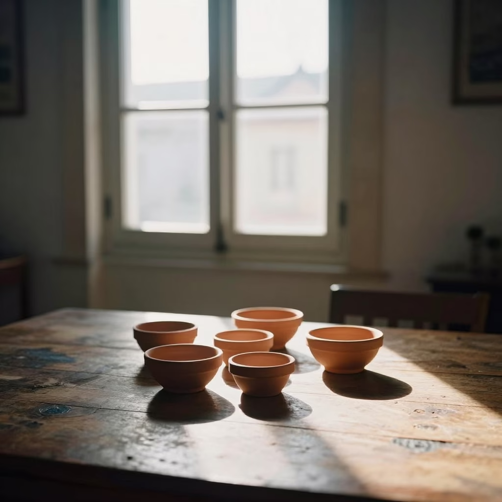Terracotta Bowls in Lisbon at As First Light Reaches The Scene in in Lisbon, Portugal