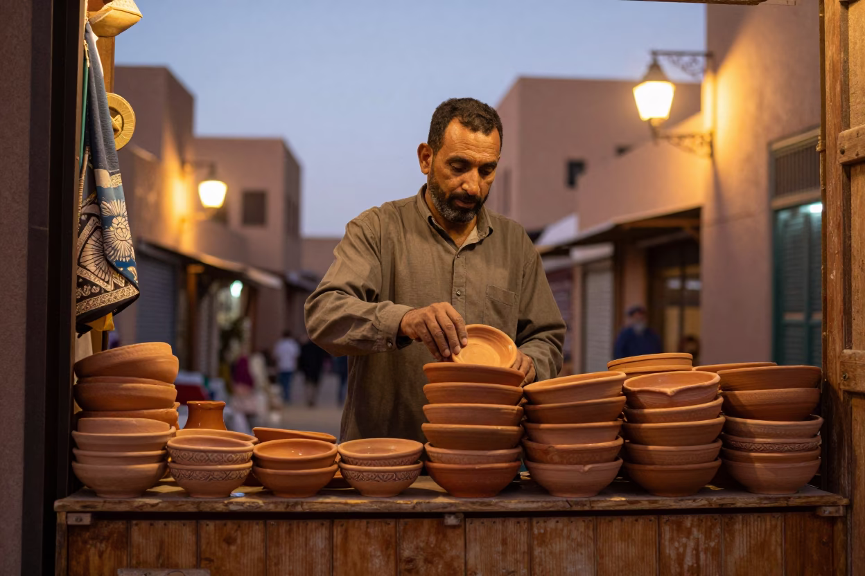 Terracotta Bowls in Marrakech at As City Lights Begin To Glow in in Marrakech, Morocco