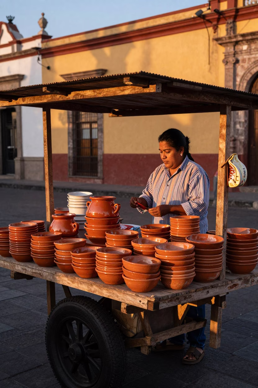 Terracotta Bowls in Mexico City at Copper-toned Light Before Dusk in in Mexico City, Mexico