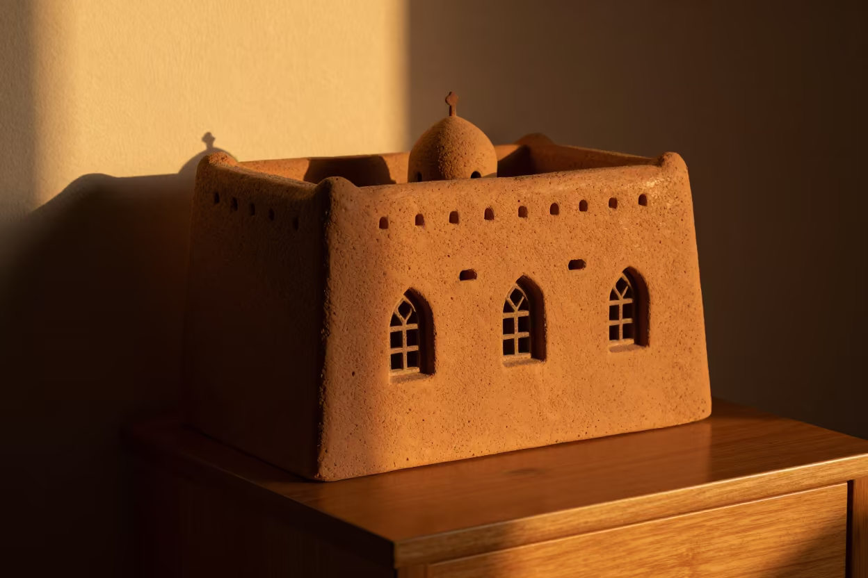 Terracotta Mission Church Wall Sunset Abu Dhabi in on a bedside table in Abu Dhabi