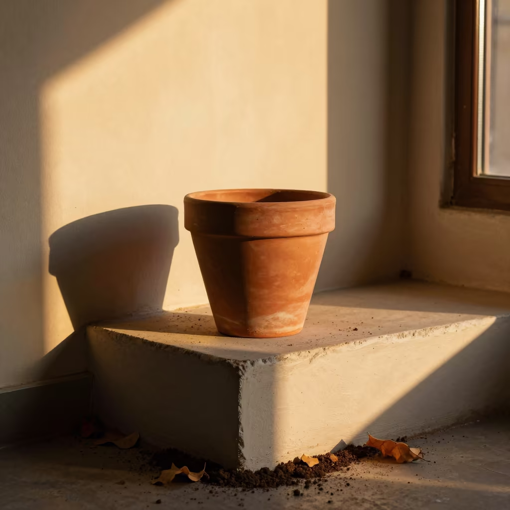 Terracotta Pot on Amarah Ledge at Sunset in on a painted display ledge in Amarah