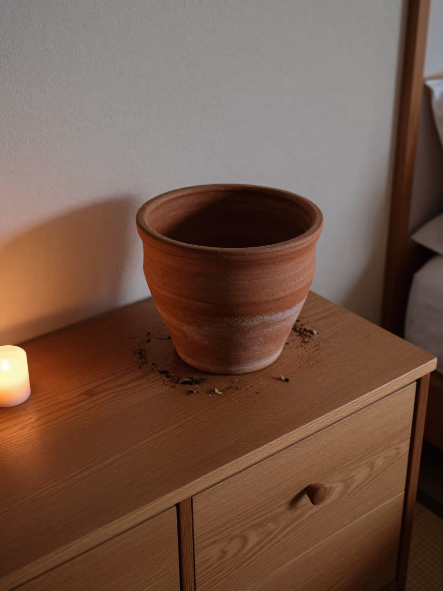 Terracotta Pot on Kamakura Dresser Candlelight in on a hotel dresser in Kamakura