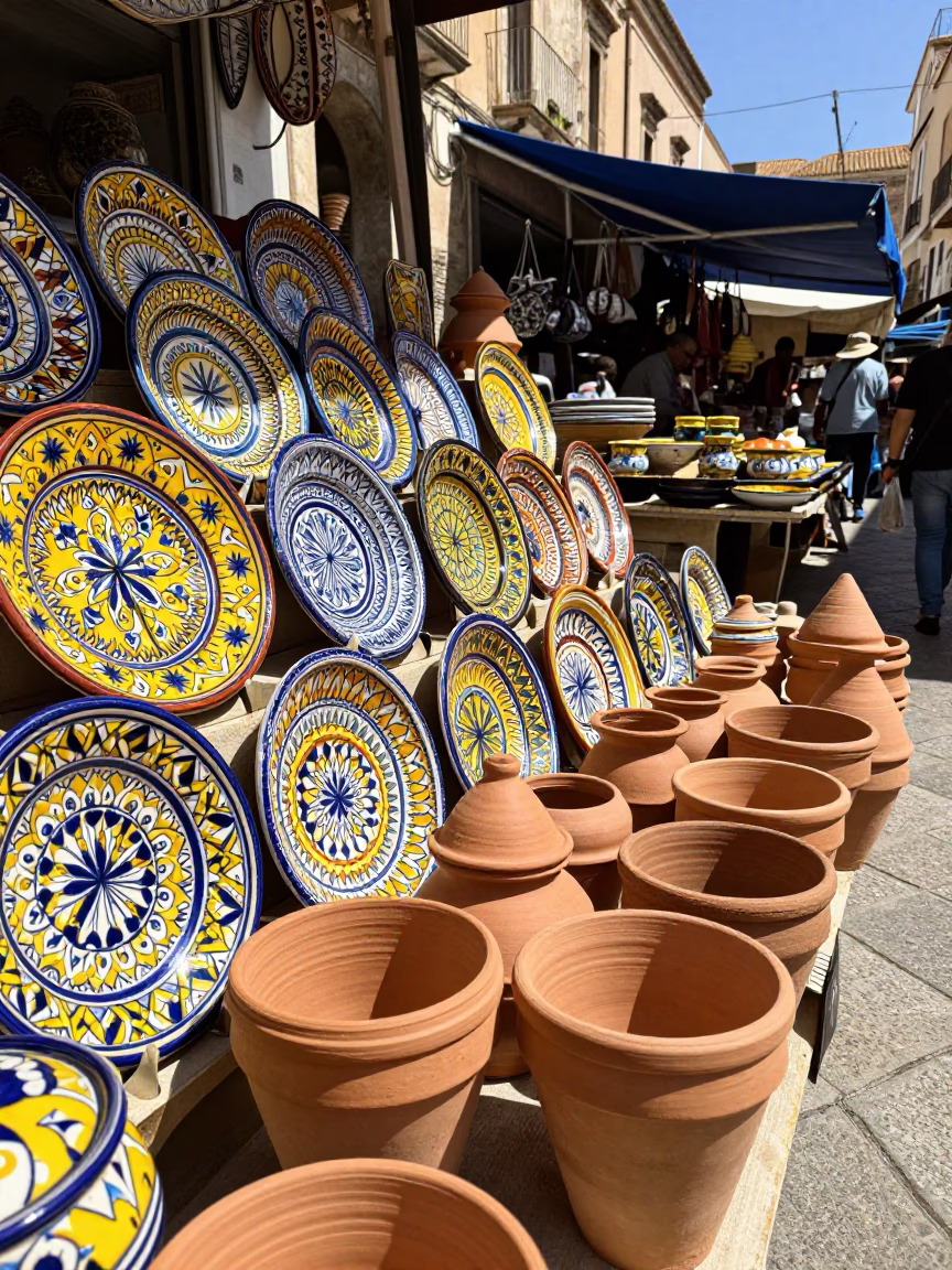Terracotta Pots in Palermo at Bright Midmorning Light in in Palermo, Italy