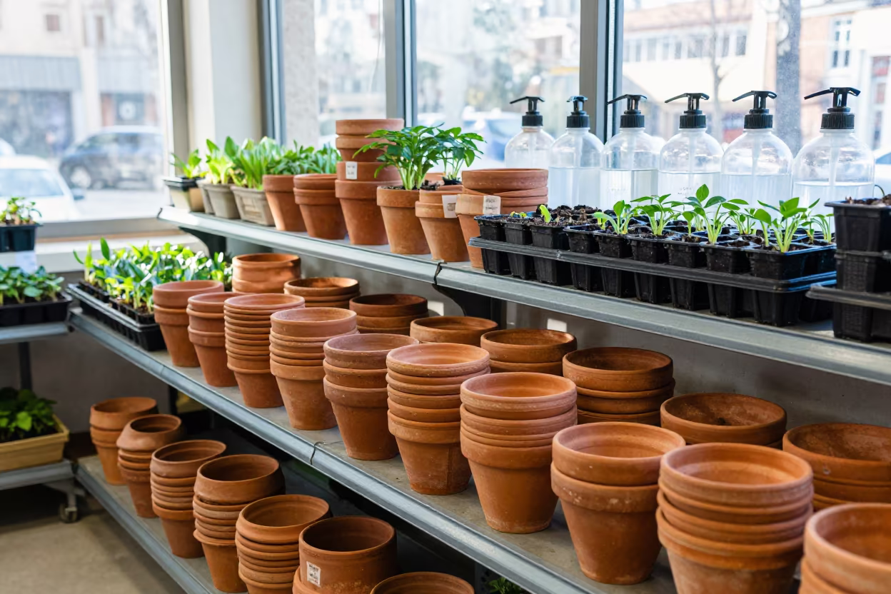 Terracotta Pots and Seedlings in Aïn Beïda Garden Center in inside a retail floor display area in Aïn Beïda