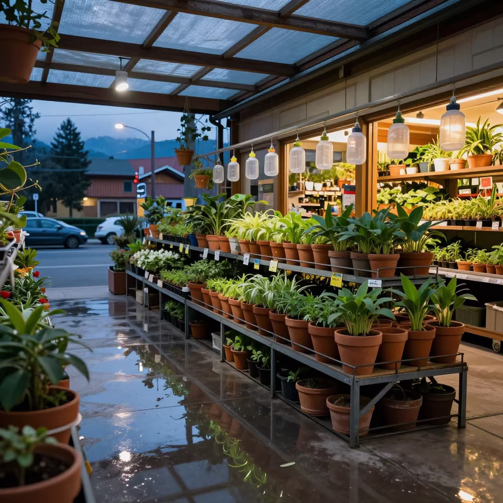 Terracotta Pots and Seedlings in Bariloche Shop Window in inside a storefront display zone near Bariloche