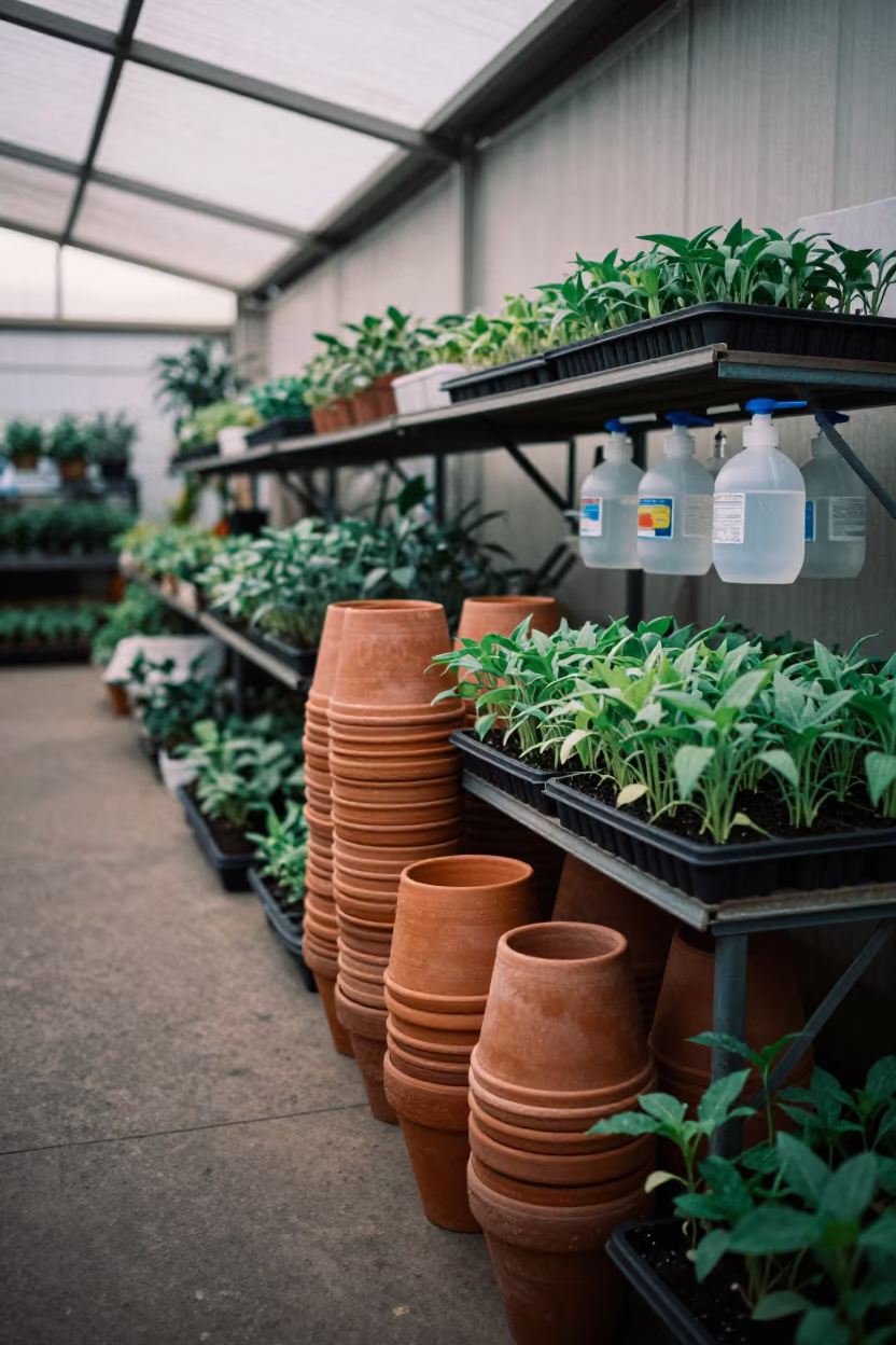 Terracotta Pots and Seedlings in Benguela Garden Center in inside a storefront display zone in Benguela
