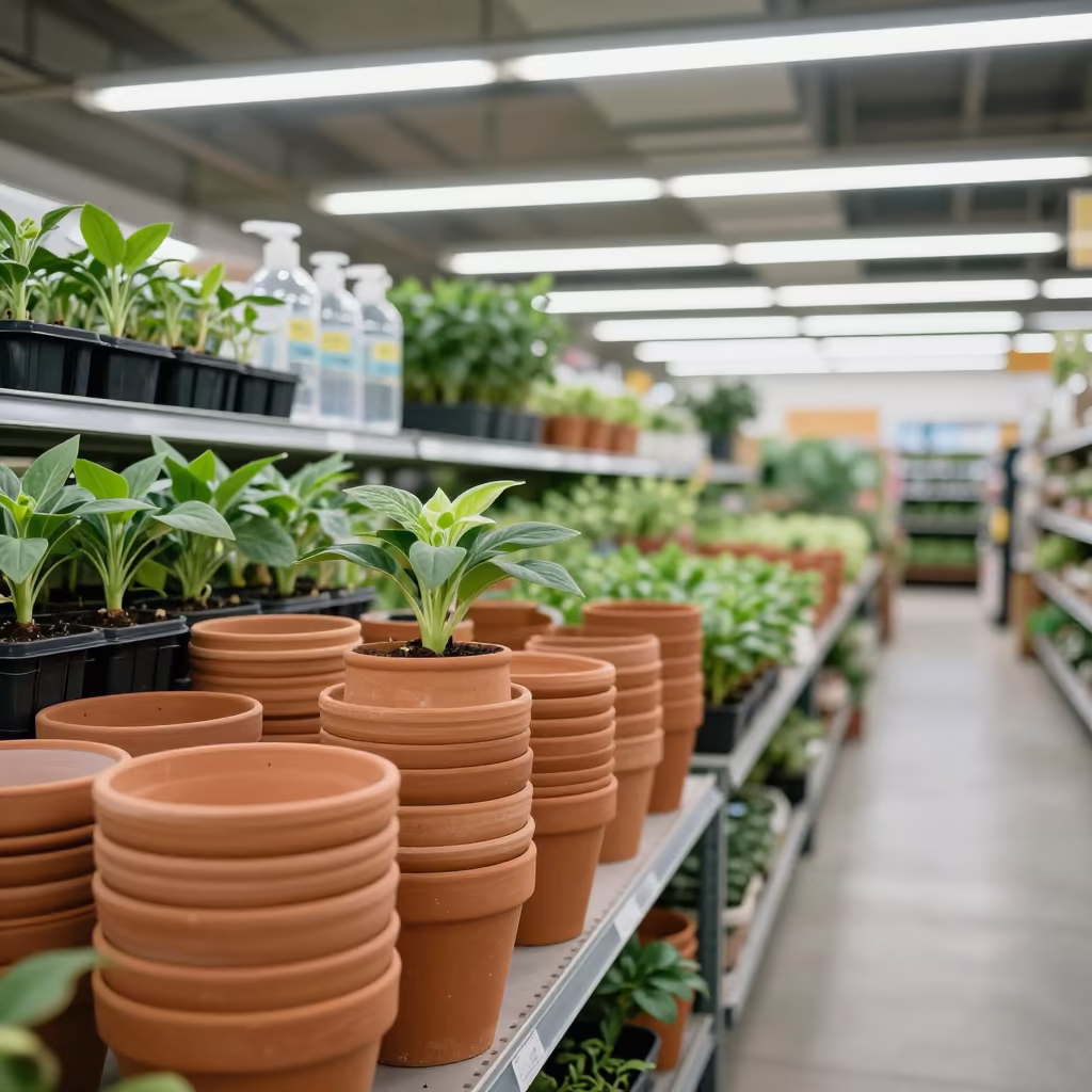 Terracotta Pots and Seedlings in Nanjing Garden Center in inside a storefront display zone in Nanjing