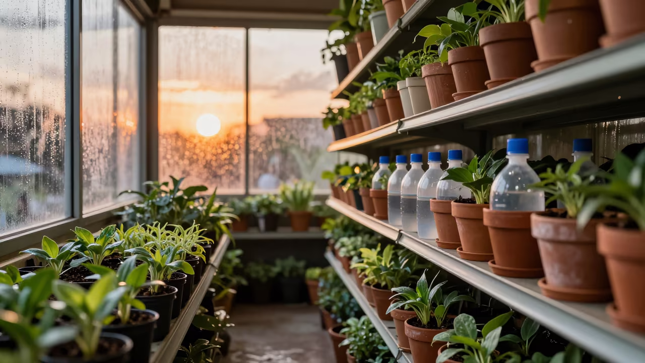 Terracotta Pots and Seedlings in Sunset Window Light in along a front-of-store display run in Mutare