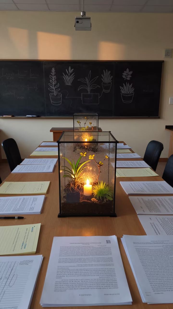 Terrarium Glow on Seminar Table in Ceyhan in at a seminar table covered in notes in Ceyhan