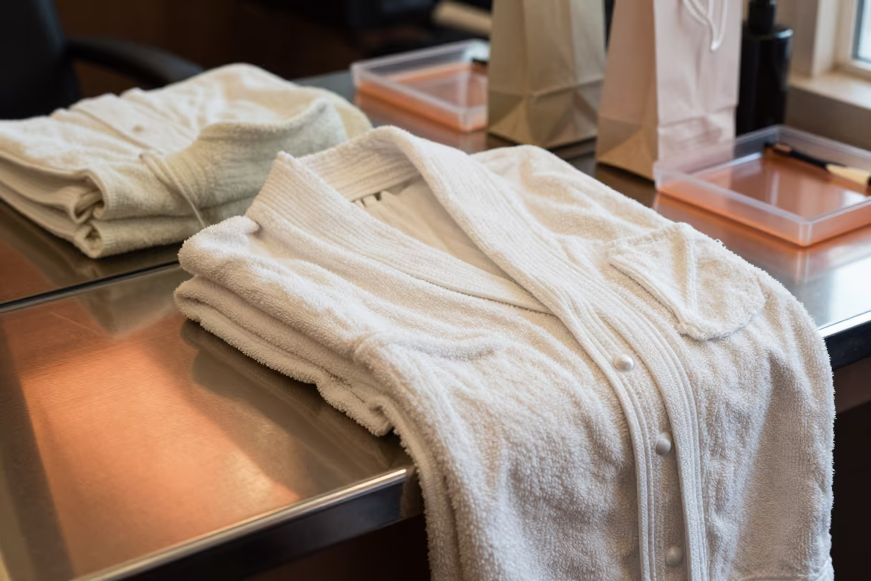 Terry Cloth Robes on Chrome Salon Counter in inside a salon row in Pike Place, Seattle