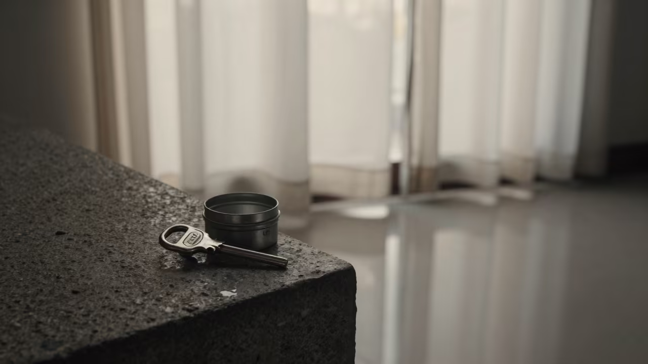 Test Key Tin on Stone Ledge at Dawn in on a stone ledge near Monywa