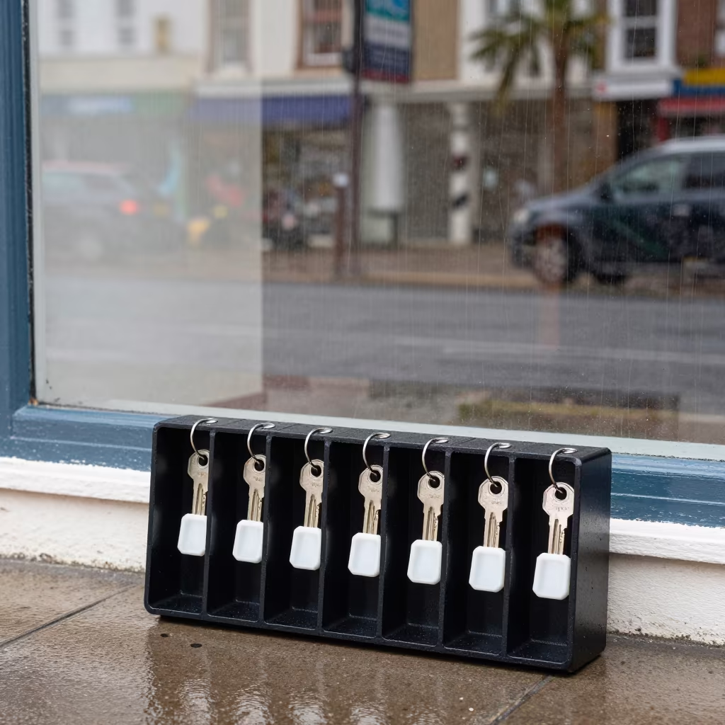 Tether Key Tray Display Storefront Brighton in along a storefront glass line on a wet street near Brighton and Hove
