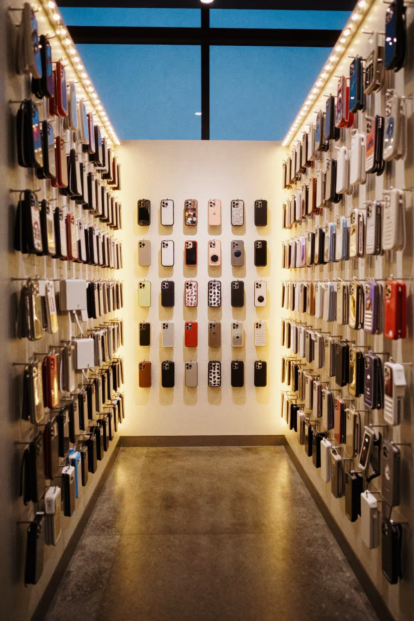 Tethered Phone Cases and Chargers in Blue Hour in inside a fitting room corridor in Mar del Plata