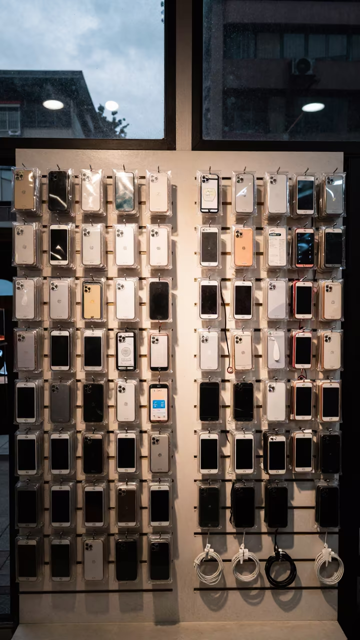 Tethered Phone Cases and Chargers Retail Display in along a front-of-store display run near Port Harcourt