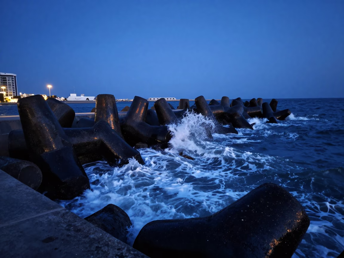 Tetrapods Reflected in Valencia at The Predawn Darkness Light in in Valencia, Spain
