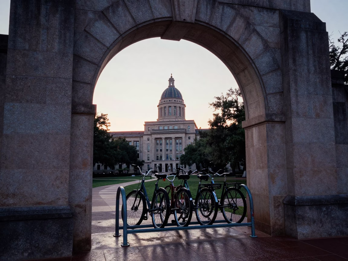Texas Archway Framing Wet Bicycle Rack at Sunrise Light in Austin in in Austin, Texas, United States