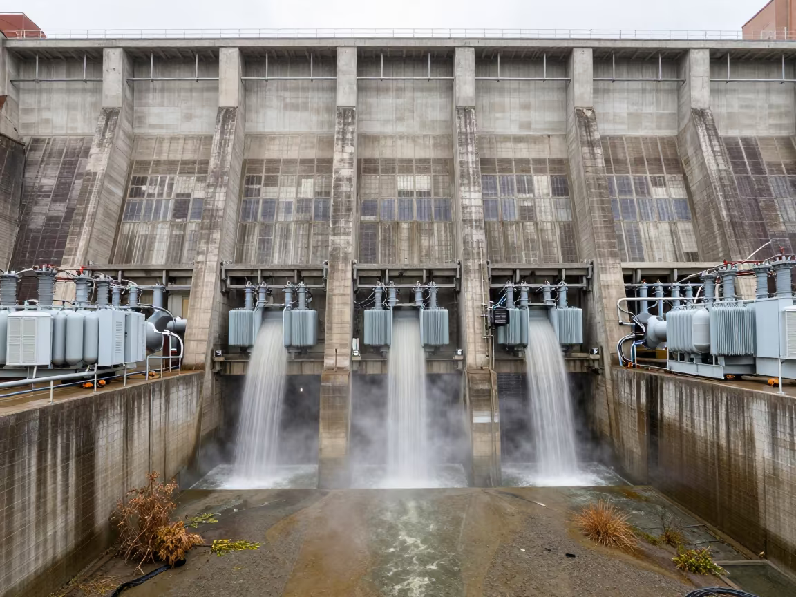 Texas Dam Powerhouse Below Penstocks After Rain in above a spillway chute with spray rising in Texas