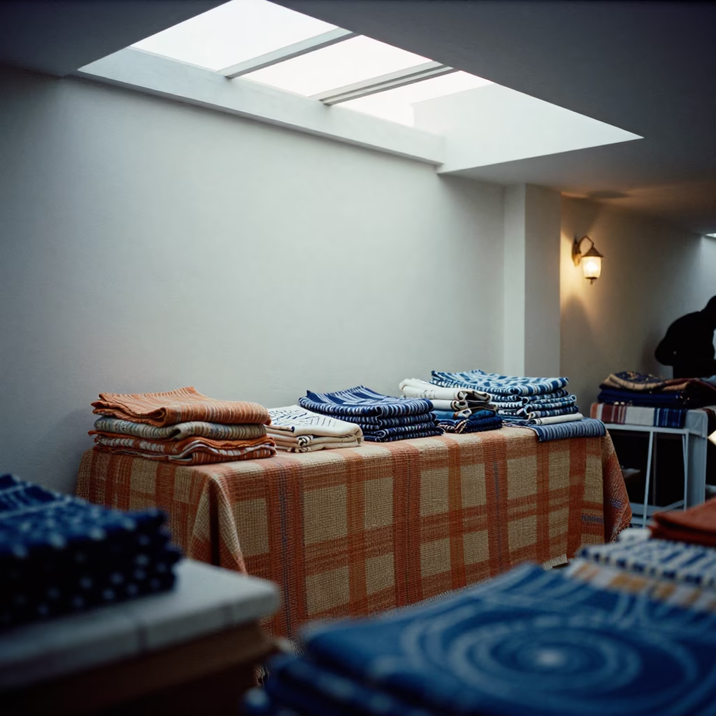 Textile Booth Rufisque Midday Skylight in on a textile-covered table near Rufisque