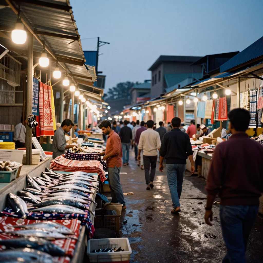 Textile Market Aisle with Cotton Bolts in Sylhet in beside a fish counter in Sylhet