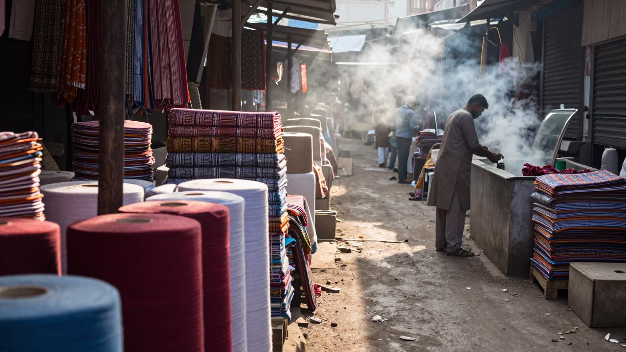 Textile Market Aisle with Fish Counter Steam in beside a fish counter in Karachi