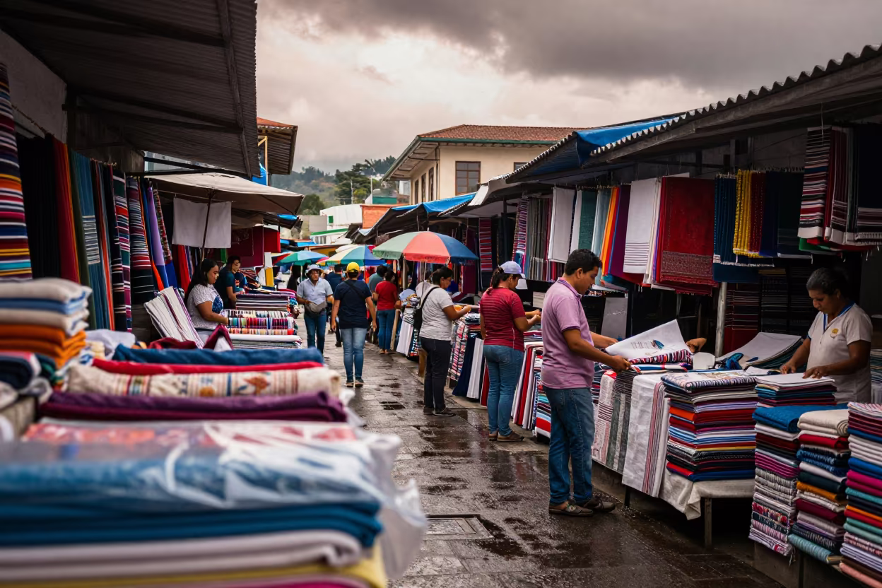 Textile Market Aisle in Medellin Monsoon in at a textile trader's stall in Medellin