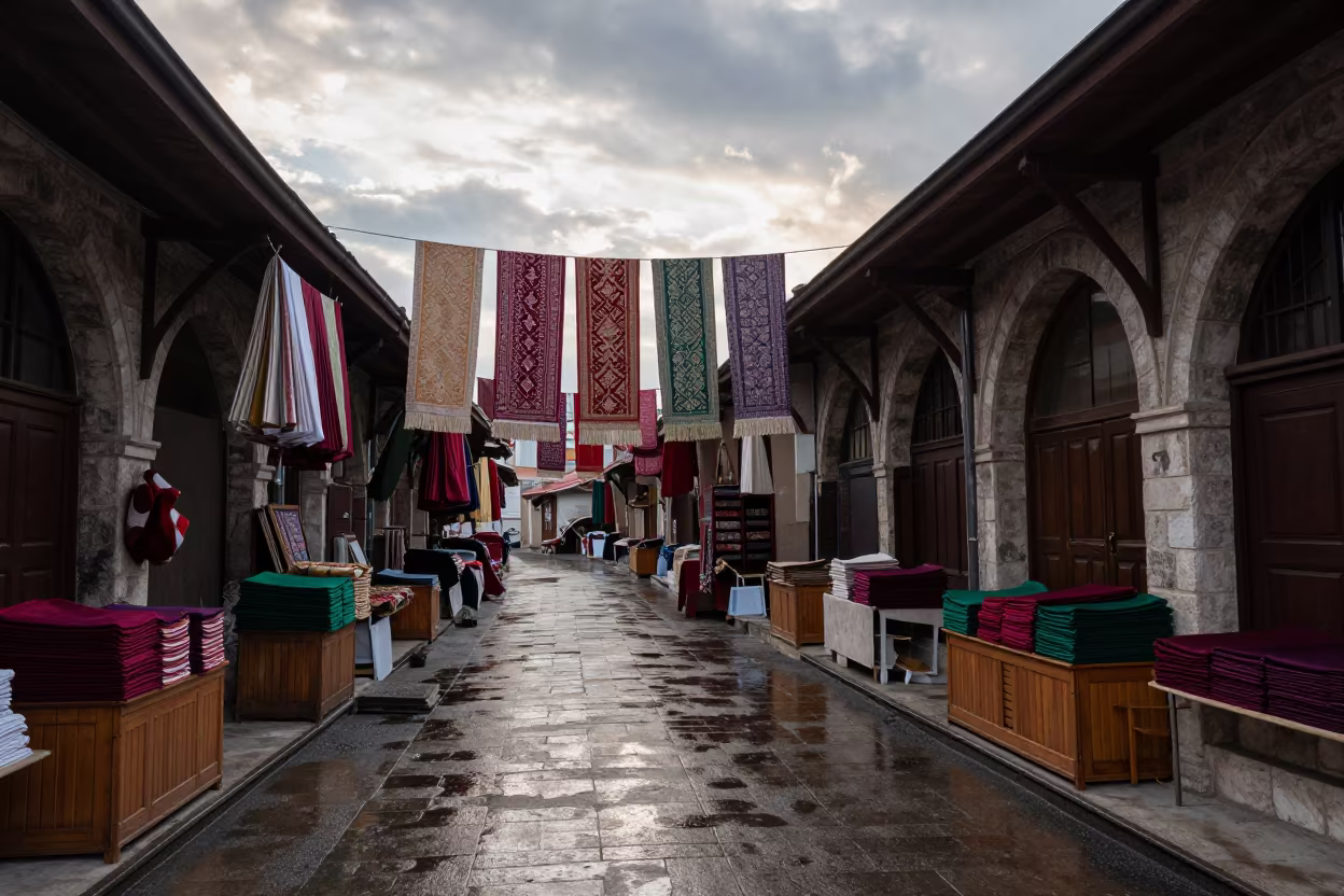 Textile Market Passage with Brocade Bolts in Kastamonu in at a textile trader's stall in Kastamonu