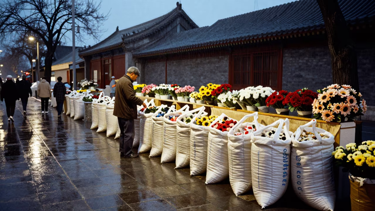 Textile Merchant at Flower Auction Bench Beijing in at a flower auction bench in Liulichang, Beijing