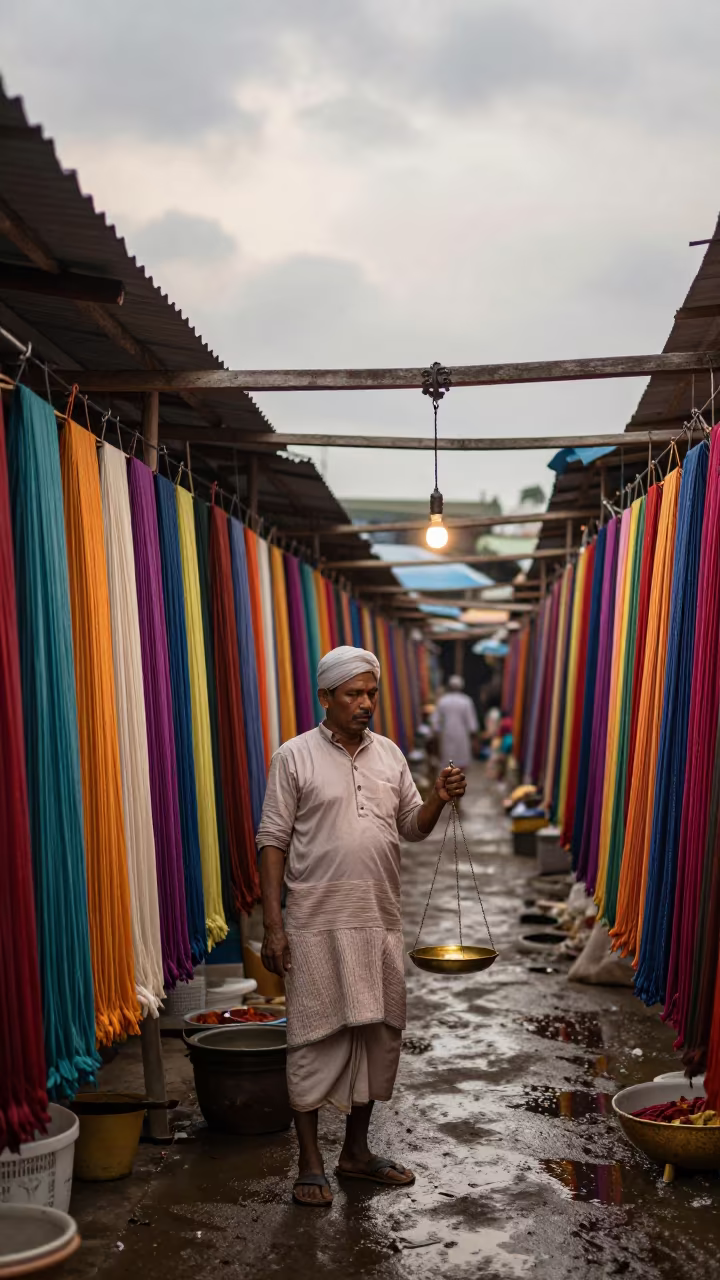 Textile Merchant Under Hanging Scales in Yangon Market in at a textile trader's stall in Yangon