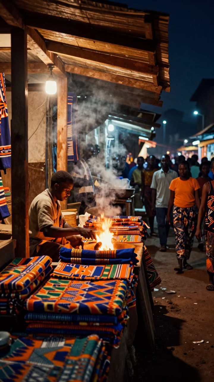 Textile Stall Firelight Accra Night Market in at a textile trader's stall in Accra