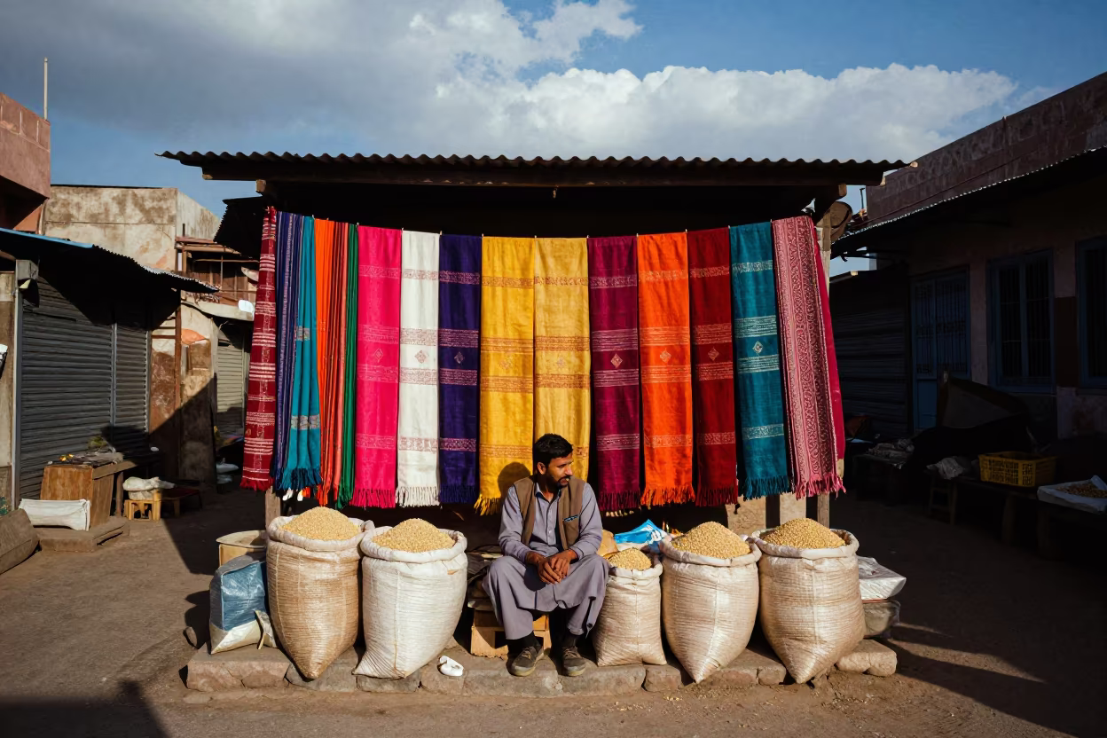 Textile Stalls in Agra Late Afternoon Light in at a textile trader's stall in Agra