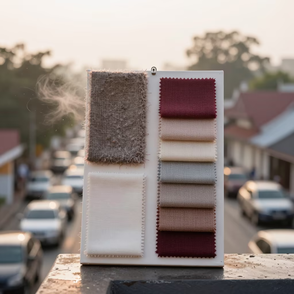 Textile Swatch Board Boucle Canvas Monsoon Light in on a rooftop above evening traffic near Mandya