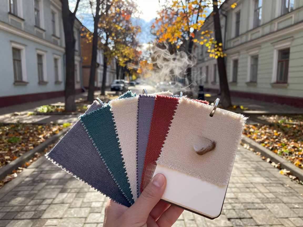 Textile Swatch Fan in Stone Lane in in a stone lane between old facades in Obninsk