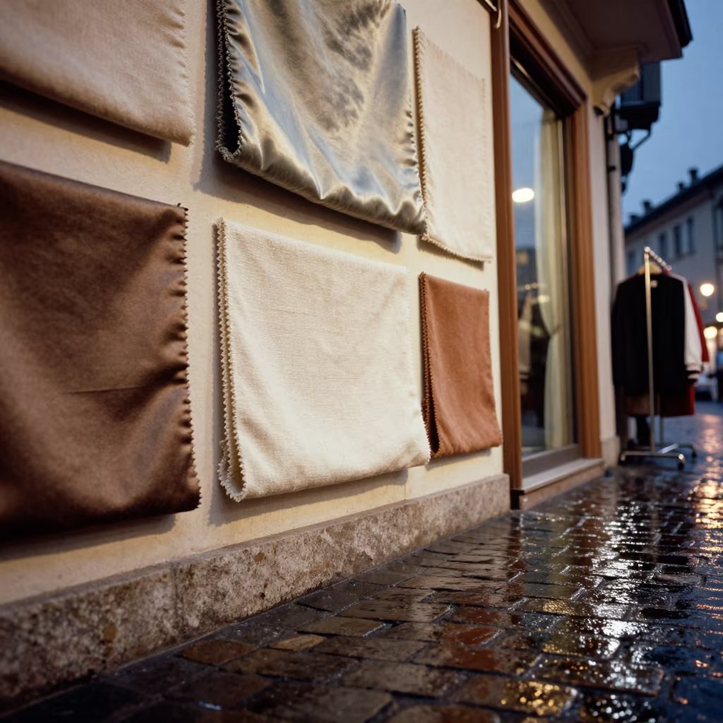 Textile Swatch Wall in Constantine Stone Lane in in a stone lane between old facades in Constantine